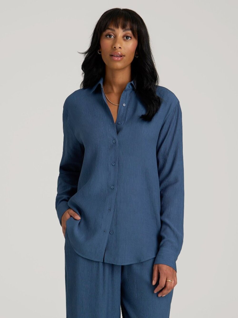 American Tall Long Sleeve Crinkle Blouse for Tall Women in Flag Blue Size MM / T